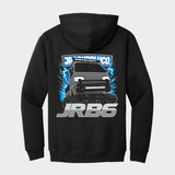 back black JRB6 hoodie with logo and graphics
