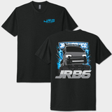 front and back black JRB6 t-shirt with logo and graphics