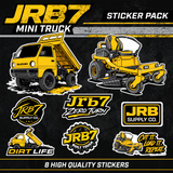 Sticker pack featuring JRB7 mini truck and lawn mower designs on a dark background.