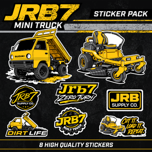 Sticker pack featuring JRB7 mini truck and lawn mower designs on a dark background.