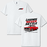 White short-sleeve graphic T-shirt shown from both front and back. The front has a small black and red JRB logo on the left chest.