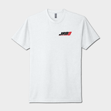A white short-sleeve crewneck t-shirt with a small black and red 'JRBB' logo printed on the left chest, displayed against a light gray background.