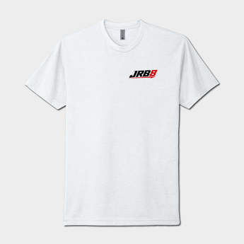A white short-sleeve crewneck t-shirt with a small black and red 'JRBB' logo printed on the left chest, displayed against a light gray background.