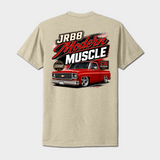 A light heather beige t-shirt shown from the back, featuring a large graphic print of a red classic muscle truck with 'JRB8 Modern Muscle' text and a 'Chevrolet' emblem.
