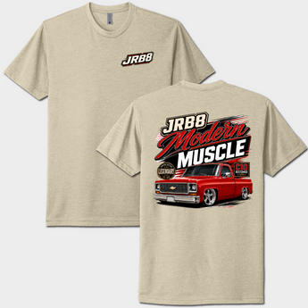 A heather beige short-sleeve t-shirt shown from both front and back. The front features a small black and white 'JRBB' logo on the left chest.
