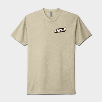 A light heather beige crewneck t-shirt with a small 'JRB8' logo printed on the left chest, displayed against a light gray background.