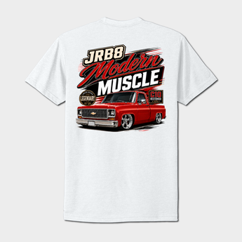 A white short-sleeve t-shirt with a graphic print on the front featuring a red muscle truck and the text 'JRB8 Modern Muscle'.