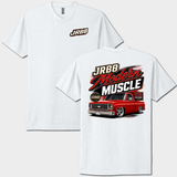 White short-sleeve graphic T-shirt shown from both front and back. The front has a small black, white, and red JRBB logo on the left chest.
