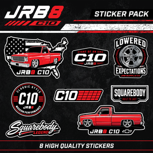 collection of JRB8 themed stickers including the custom red Chevy C10 truck