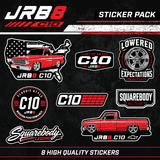 collection of JRB8 themed stickers including the custom red Chevy C10 truck