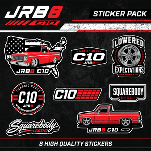 collection of JRB8 themed stickers including the custom red Chevy C10 truck