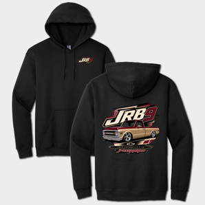 Black JRB9 classic hoodie front and back with JRB9 and 1969 Chevrolet C20 graphics