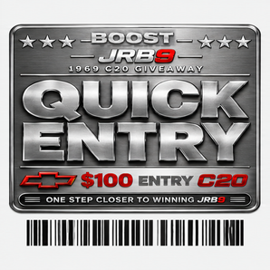 A metallic silver and black promotional entry card reading 'BOOST JRB9 1969 C20 Giveaway Quick Entry' with red text accents, a Chevrolet bowtie logo, and a barcode below on a light gray background.