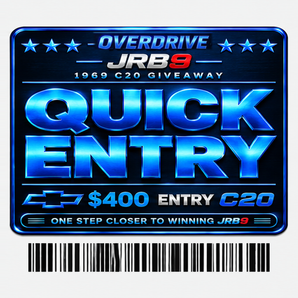 A digital graphic of a 'Quick Entry' ticket for the Overdrive JRB9 1969 C20 Giveaway, featuring a blue and black design with a barcode below on a light gray background.
