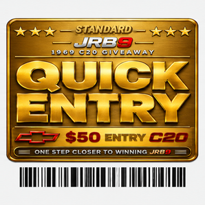 A gold metallic 'Quick Entry' promotional badge for the JRB9 1969 C20 giveaway, with a barcode below on a light gray background.