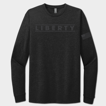 Black on black long-sleeve shirt with 'FREEDOM' text on a white background