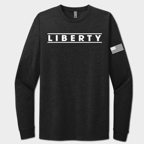 Black long-sleeve shirt with 'LIBERTY' text and American flag sleeve on a white background