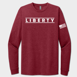 red long-sleeve shirt with 'LIBERTY' text and American flag sleeve on a white background