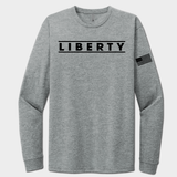 Gray long-sleeve shirt with 'LIBERTY' text and American flag sleeve on a white background