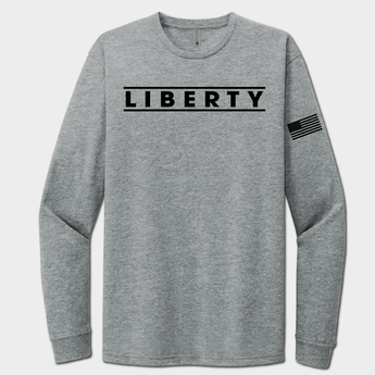 Gray long-sleeve shirt with 'LIBERTY' text and American flag sleeve on a white background