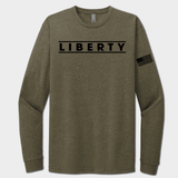 military green long-sleeve shirt with 'LIBERTY' text on a white background