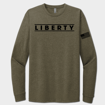 military green long-sleeve shirt with 'LIBERTY' text on a white background