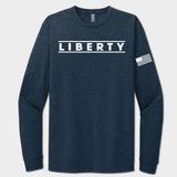 Navy blue long-sleeve shirt with 'LIBERTY' text and American flag sleeve on a white background