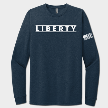 Navy blue long-sleeve shirt with 'LIBERTY' text and American flag sleeve on a white background
