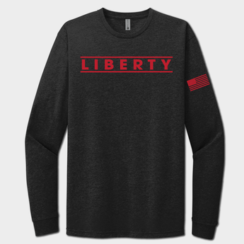 Black long-sleeve shirt with 'LIBERTY' in red on a white background