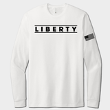 White long-sleeve shirt with 'LIBERTY' text and American flag sleeve on a white background