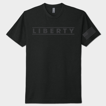 Black on black t-shirt with 'LIBERTY' text and a flag patch on a white background