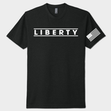 Black t-shirt with 'LIBERTY' text and American flag sleeve on a white background