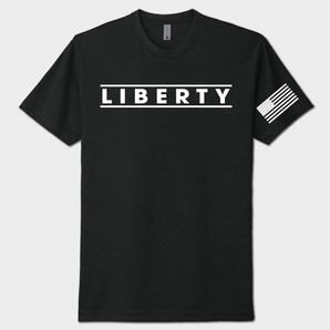 Black t-shirt with 'LIBERTY' text and American flag sleeve on a white background