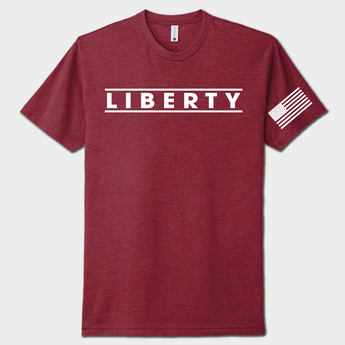 red t-shirt with 'LIBERTY' text and American flag on sleeve against a white background