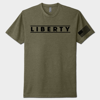 military green t-shirt with 'LIBERTY' text and American flag on sleeve against a white background