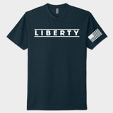 Navy blue t-shirt with 'LIBERTY' text and American flag sleeve on a white background