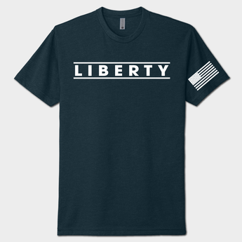 Navy blue t-shirt with 'LIBERTY' text and American flag sleeve on a white background