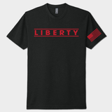 Black on red t-shirt with 'LIBERTY' text and a flag patch on a white background
