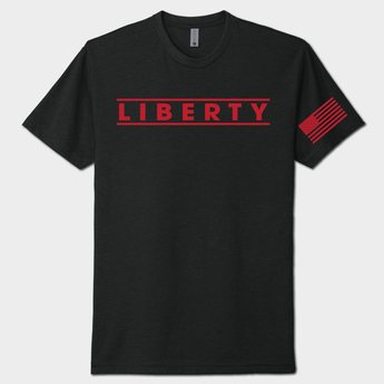 Black on red t-shirt with 'LIBERTY' text and a flag patch on a white background