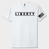 White t-shirt with 'LIBERTY' printed on a white background