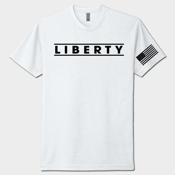 White t-shirt with 'LIBERTY' printed on a white background