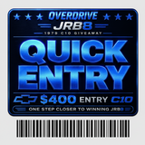 Promotional overdrive entry ticket for Giveaways with blue text and logo.