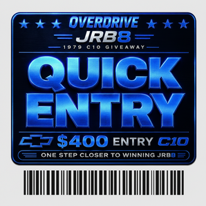 Promotional overdrive entry ticket for Giveaways with blue text and logo.