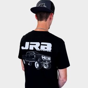 back of jrb supply powerstroke tshirt black with white graphics