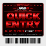 Promotional redline entry ticket for Giveaways with blue text and logo.