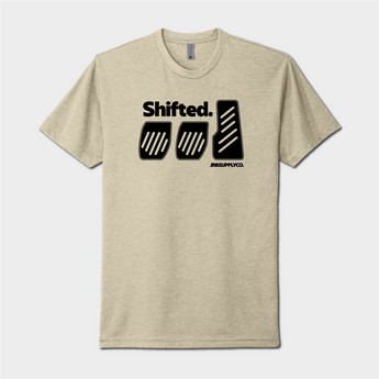 front of shifted three pedals tshirt cream with black logo