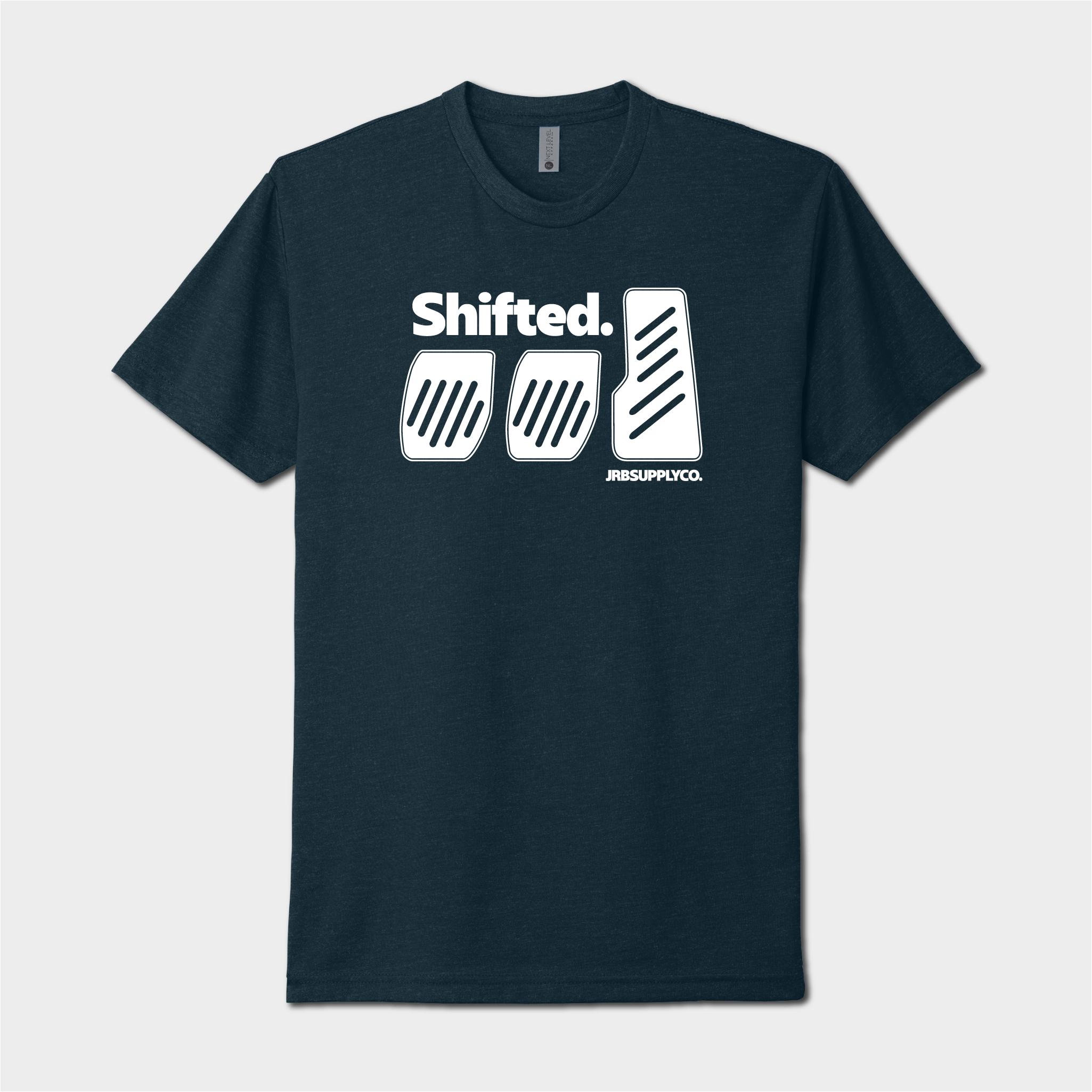 front of shifted three pedals tshirt navy with white logo