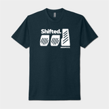 front of shifted three pedals tshirt navy with white logo