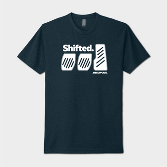 front of shifted three pedals tshirt navy with white logo