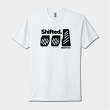 front of shifted three pedals tshirt white with black logo